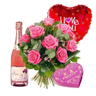 Vino, rosas, chocolates y globo