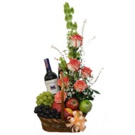 Cesta Frutal con flores y Vino