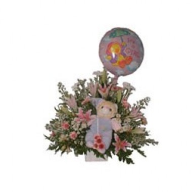 Tierna canasta para recin nacido de flores variadas acompaadas de un peluche y un globo