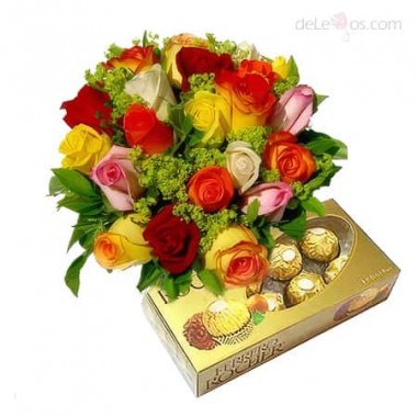 Bouquet de 12 rosas multicolor. Incluye Chocolates