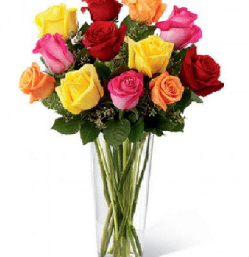 Arreglo en florero de 15 rosas mixtas en color