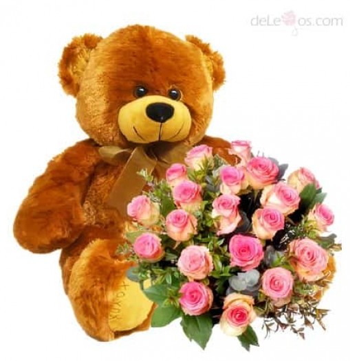 Bouquet de veinte y cuatro rosas y peluche